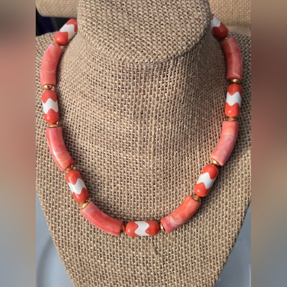 Jewelry - Peach Coral Orange White Beaded Boho Necklace